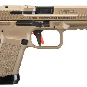 Canik TP9 Elite Combat, striker-fired handgun with 15-round magazine capacity and suppressor sight.