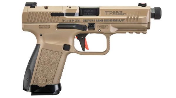 Canik TP9 Elite Combat, striker-fired handgun with 15-round magazine capacity and suppressor sight.